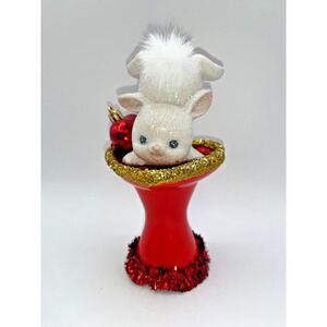 Vintage Tumbling Bunny Red Ceramic Pedestal Heart Dish Gold Valentines Day OOAK